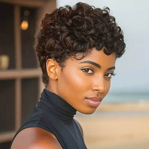 Elegant Short Curly Pixie Cut Wigs with Bangs for Women Human Hair Wigs