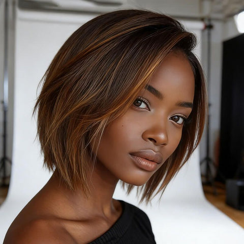 Ready to Wear Wig Highlight Ombre Brown Bob Wigs With Side Part Human Hair Wigs