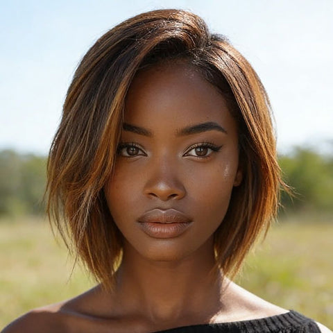 Ready to Wear Wig Highlight Ombre Brown Bob Wigs With Side Part Human Hair Wigs