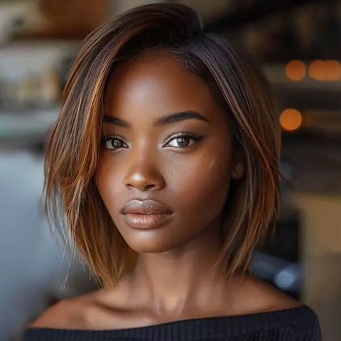 Ready to Wear Wig Highlight Ombre Brown Bob Wigs With Side Part Human Hair Wigs