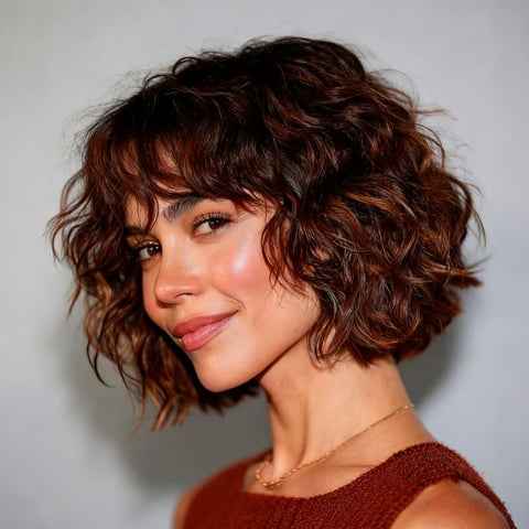 Brown Highlight Short Pixie Cut Curly Bob Wigs With Bangs Glueless Human Hair Wigs