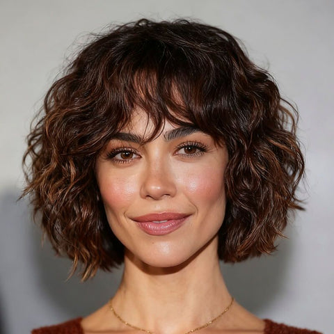 Brown Highlight Short Pixie Cut Curly Bob Wigs With Bangs Glueless Human Hair Wigs