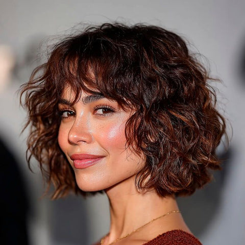 Brown Highlight Short Pixie Cut Curly Bob Wigs With Bangs Glueless Human Hair Wigs