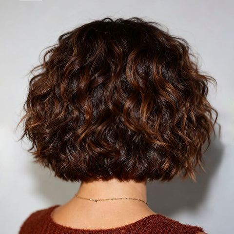 Brown Highlight Short Pixie Cut Curly Bob Wigs With Bangs Glueless Human Hair Wigs