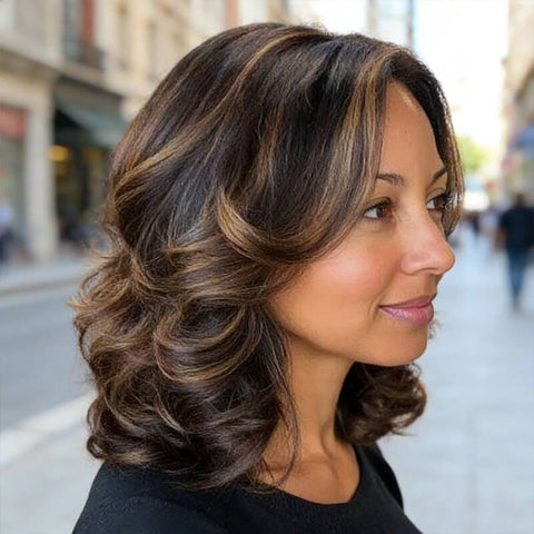 Wear and Go Wigs Golden Blonde Highlight Side Part Wigs with Bangs Human Hair Wigs