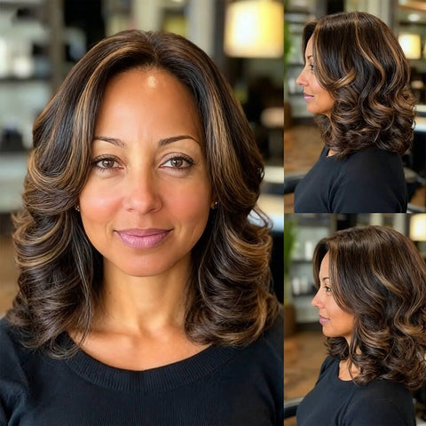 Wear and Go Wigs Golden Blonde Highlight Side Part Wigs with Bangs Human Hair Wigs