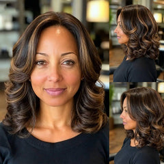 Wear and Go Wigs Golden Blonde Highlight Side Part Wigs with Bangs Human Hair Wigs