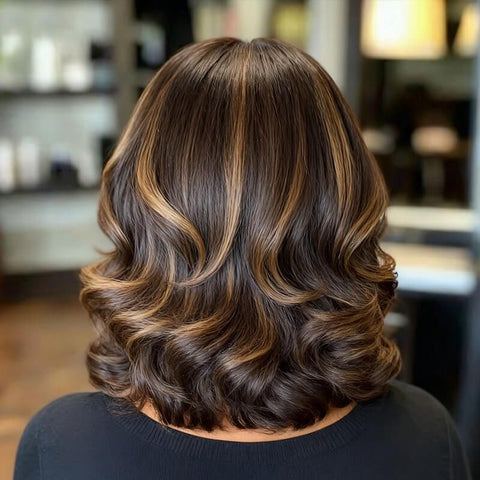 Wear and Go Wigs Golden Blonde Highlight Side Part Wigs with Bangs Human Hair Wigs