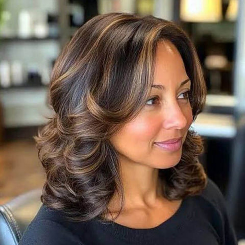 Wear and Go Wigs Golden Blonde Highlight Side Part Wigs with Bangs Human Hair Wigs
