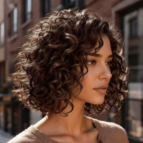 Brown Loose Curly Bob Wigs Glueless Human Hair Wigs