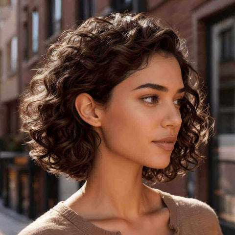 Brown Loose Curly Bob Wigs Glueless Human Hair Wigs