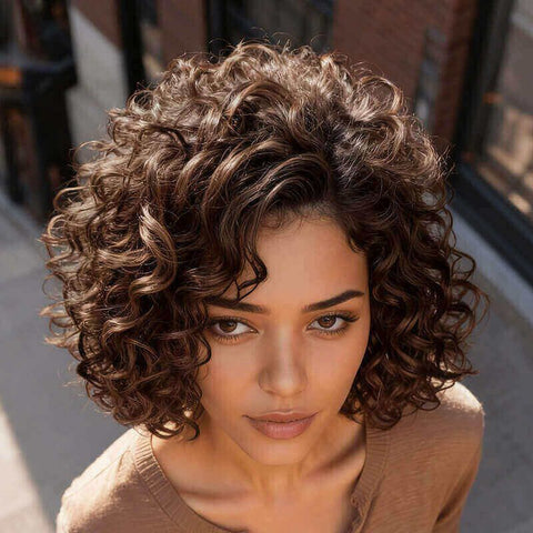 Brown Loose Curly Bob Wigs Glueless Human Hair Wigs