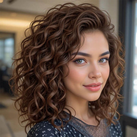Brown Loose Curly Bob Wigs Glueless Human Hair Wigs