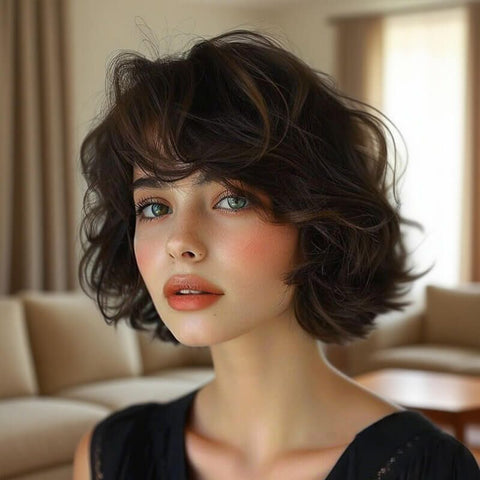 Wear And Go Wigs Brown Highlight Wave Short Bob Wigs Glueless Human Hair Wigs