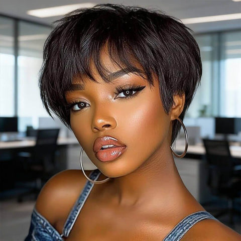 Wear and Go Wigs Short Pixie Cut Wigs With Bangs Glueless Human Hair Wigs
