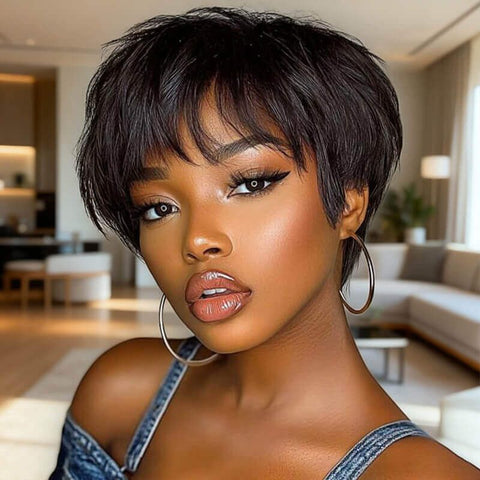 Wear and Go Wigs Short Pixie Cut Wigs With Bangs Glueless Human Hair Wigs
