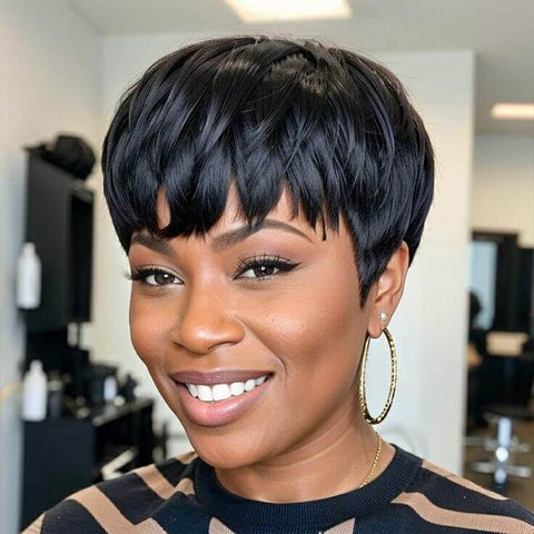 Wear and Go Wigs Short Pixie Cut Wigs With Bangs Glueless Human Hair Wigs