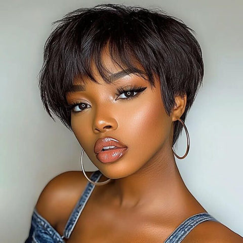 Wear and Go Wigs Short Pixie Cut Wigs With Bangs Glueless Human Hair Wigs