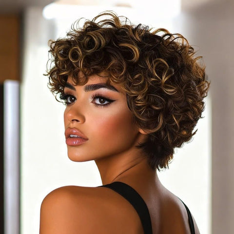 Ready to Wear Wig Pixie Cut Short Curly Bob Wigs With Bangs Human Hair Wigs