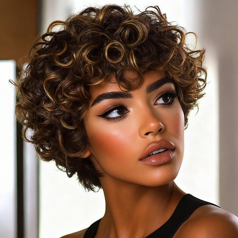 Ready to Wear Wig Pixie Cut Short Curly Bob Wigs With Bangs Human Hair Wigs