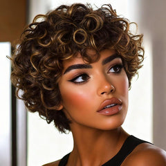 Ready to Wear Wig Pixie Cut Short Curly Bob Wigs With Bangs Human Hair Wigs