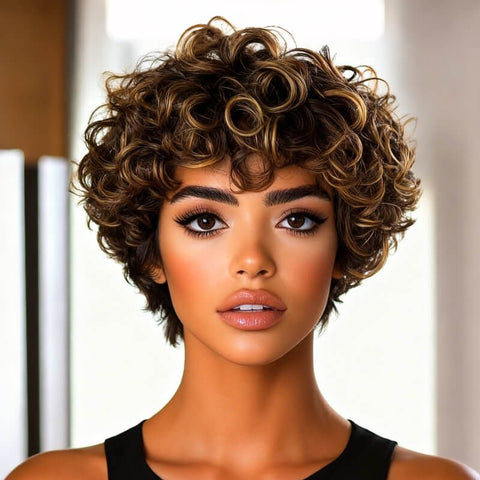 Ready to Wear Wig Pixie Cut Short Curly Bob Wigs With Bangs Human Hair Wigs