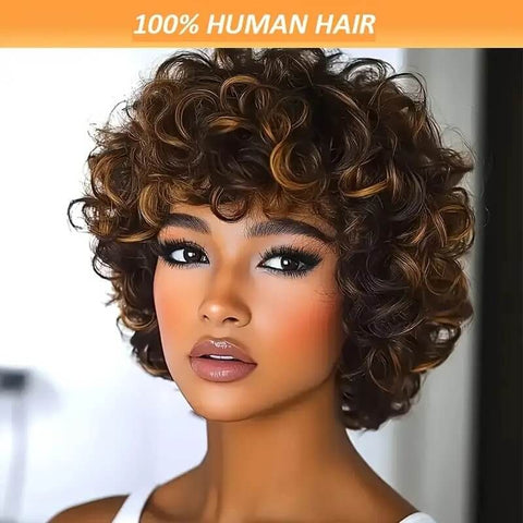 Ready to Wear Wig Pixie Cut Short Curly Bob Wigs With Bangs Human Hair Wigs
