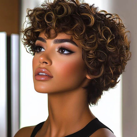 Ready to Wear Wig Pixie Cut Short Curly Bob Wigs With Bangs Human Hair Wigs
