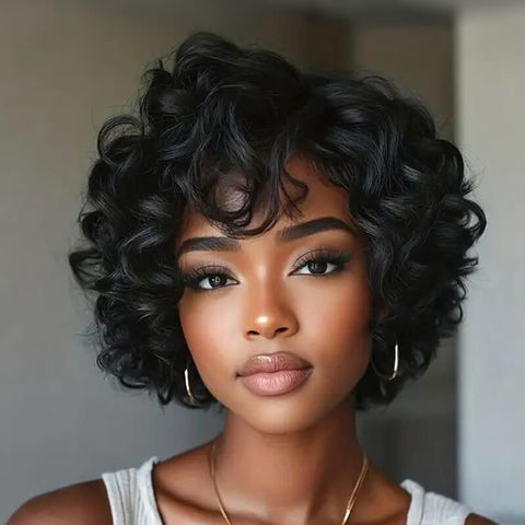 Wear and Go Wigs Short Pixie Cut Loose Curly Bob Wigs with Side Part Glueless Human Hair Wigs