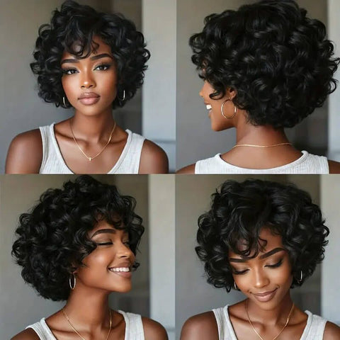 Wear and Go Wigs Short Pixie Cut Loose Curly Bob Wigs with Side Part Glueless Human Hair Wigs