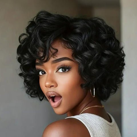 Wear and Go Wigs Short Pixie Cut Loose Curly Bob Wigs with Side Part Glueless Human Hair Wigs