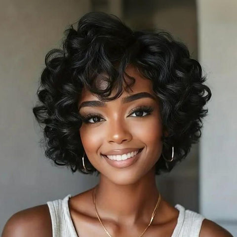 Wear and Go Wigs Short Pixie Cut Loose Curly Bob Wigs with Side Part Glueless Human Hair Wigs