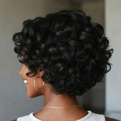 Wear and Go Wigs Short Pixie Cut Loose Curly Bob Wigs with Side Part Glueless Human Hair Wigs