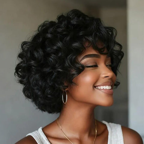 Wear and Go Wigs Short Pixie Cut Loose Curly Bob Wigs with Side Part Glueless Human Hair Wigs