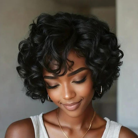 Wear and Go Wigs Short Pixie Cut Loose Curly Bob Wigs with Side Part Glueless Human Hair Wigs