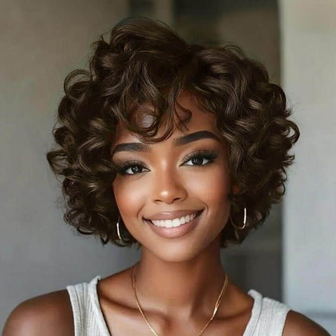 Wear and Go Wigs Short Pixie Cut Loose Curly Bob Wigs with Side Part Glueless Human Hair Wigs