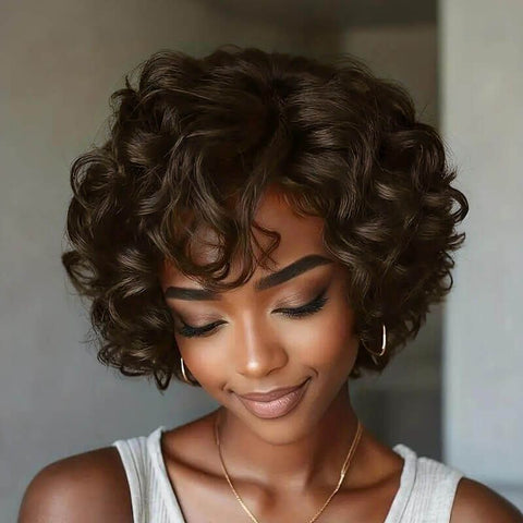 Wear and Go Wigs Short Pixie Cut Loose Curly Bob Wigs with Side Part Glueless Human Hair Wigs