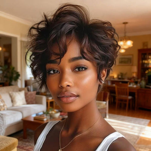 Ready to Wear Wig Pixie Cut Black Waves Short Wigs For Black Women Glueless Human Hair Wigs
