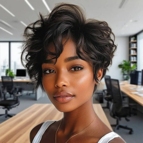 Ready to Wear Wig Pixie Cut Black Waves Short Wigs For Black Women Glueless Human Hair Wigs