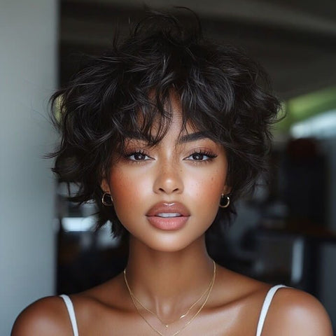Ready to Wear Wig Pixie Cut Black Waves Short Wigs For Black Women Glueless Human Hair Wigs