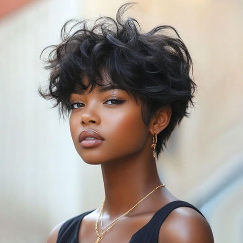 Ready to Wear Wig Pixie Cut Black Waves Short Wigs For Black Women Glueless Human Hair Wigs