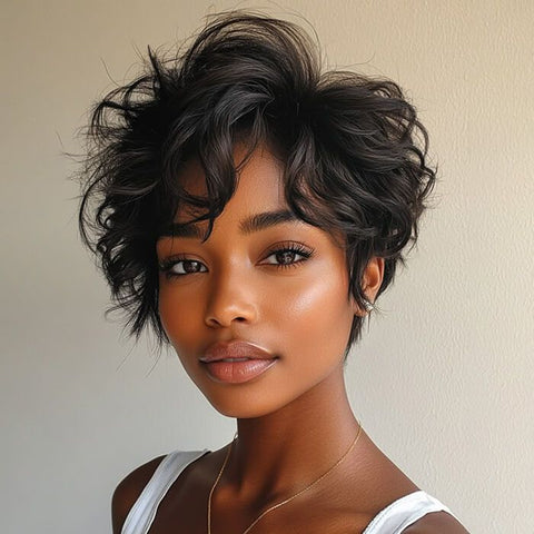 Ready to Wear Wig Pixie Cut Black Waves Short Wigs For Black Women Glueless Human Hair Wigs