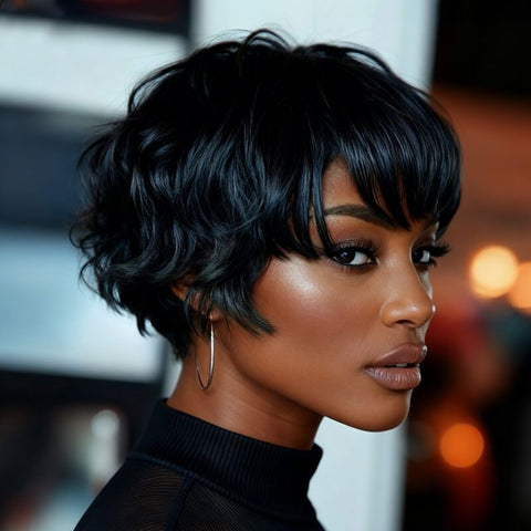Wear and Go Wigs Short Wigs With Bangs Pixie Cut Wig Bob Hairstyles For Black Women Glueless Human Hair Wigs