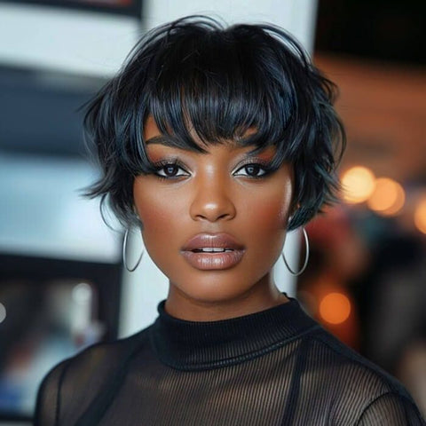 Wear and Go Wigs Short Wigs With Bangs Pixie Cut Wig Bob Hairstyles For Black Women Glueless Human Hair Wigs