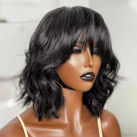 Wear and Go Wigs Trendy Burgundy Short Wavy Bob Wigs with Bangs Human Hair Wigs
