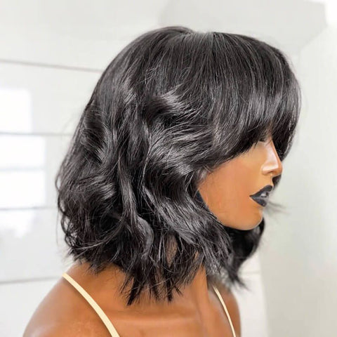 Wear and Go Wigs Trendy Burgundy Short Wavy Bob Wigs with Bangs Human Hair Wigs