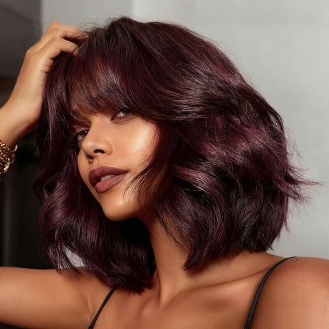 Wear and Go Wigs Trendy Burgundy Short Wavy Bob Wigs with Bangs Human Hair Wigs