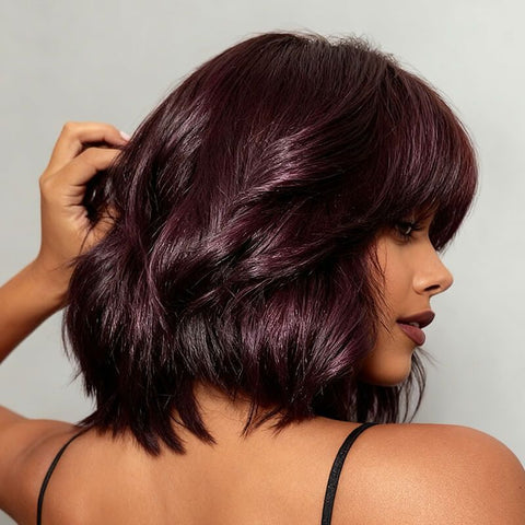 Wear and Go Wigs Trendy Burgundy Short Wavy Bob Wigs with Bangs Human Hair Wigs