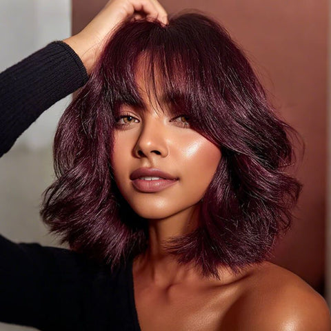 Wear and Go Wigs Trendy Burgundy Short Wavy Bob Wigs with Bangs Human Hair Wigs