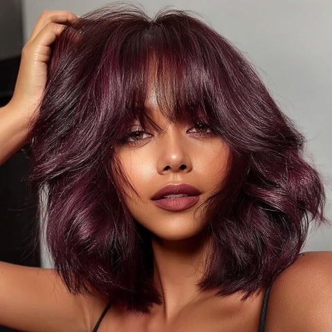 Wear and Go Wigs Trendy Burgundy Short Wavy Bob Wigs with Bangs Human Hair Wigs